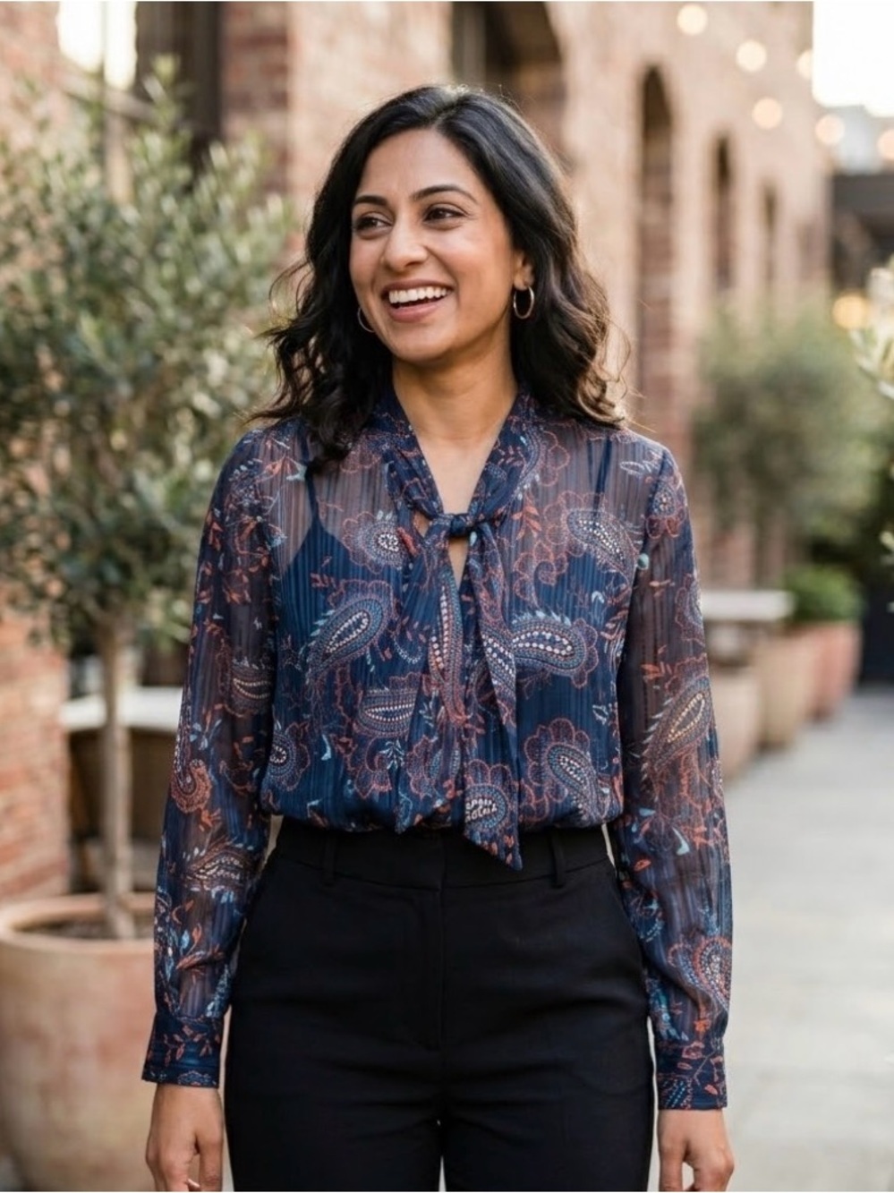 MNG Suit Paisley Sheer Pleated Tie-Neck Blouse